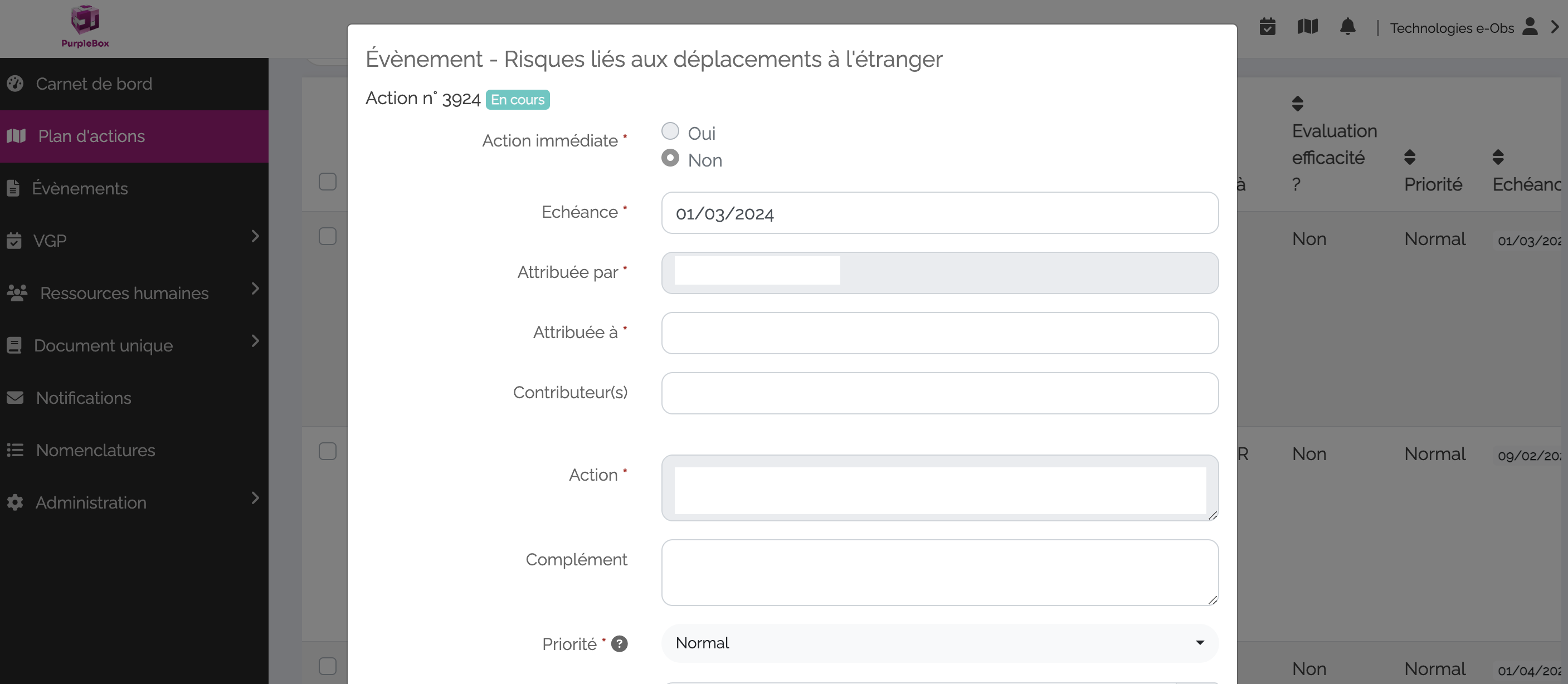 Le module Plan d'actions du logiciel MemoryFlow