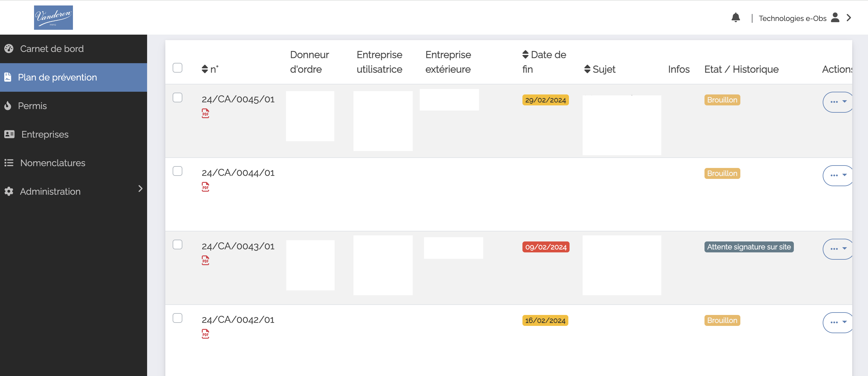 Logiciel module plan de prévention pour Vandoren