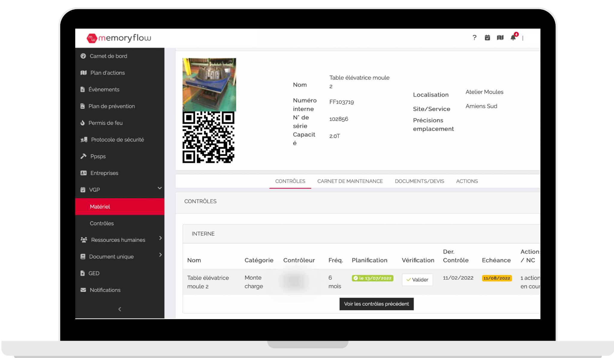 Logiciel VGP - Module MemoryFlow pour le suivi et stockage des contrôles périodiques